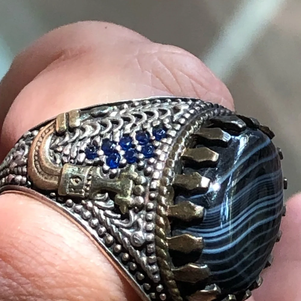Men’s Sterling Striped Agate Ring Made In Turkey Blue Stones Size 10 Handmade